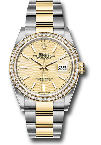 Rolex Yellow Rolesor Datejust 36 Watch - Diamond Bezel - Golden Fluted Motif Index Dial - Oyster Bracelet - 126283rbr gflmio