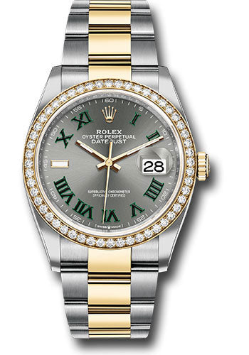 Rolex Yellow Rolesor Datejust 36 Watch - Diamond Bezel - Slate Roman Dial - Oyster Bracelet - 126283rbr slgro