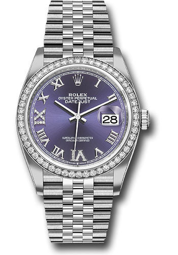 Rolex Steel Datejust 36 Watch - Diamond Bezel - Aubergine Purple Diamond Roman VI and IX Dial - Jubilee Bracelet - 126284RBR audr69j