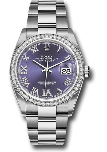 Rolex Steel Datejust 36 Watch - Diamond Bezel - Aubergine Purple Diamond Roman VI and IX Dial - Oyster Bracelet - 126284RBR audr69o