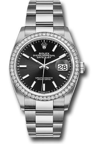 Rolex Steel Datejust 36 Watch - Diamond Bezel - Black Index Dial - Oyster Bracelet - 126284RBR bkio