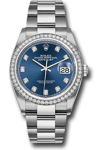 Rolex Steel Datejust 36 Watch - Diamond Bezel - Blue Diamond Dial - Oyster Bracelet - 126284RBR bldo