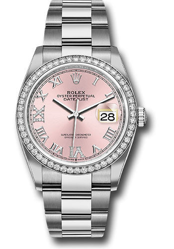 Rolex Steel Datejust 36 Watch - Diamond Bezel - Pink Diamond Roman VI and IX Dial - Oyster Bracelet - 126284RBR pdr69o