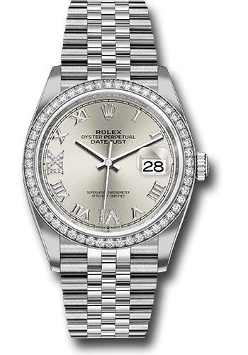 Rolex Steel Datejust 36 Watch - Diamond Bezel - Silver Diamond Roman VI and IX Dial - Jubilee Bracelet - 126284RBR sdr69j