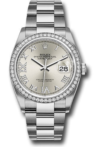 Rolex Steel Datejust 36 Watch - Diamond Bezel - Silver Diamond Roman VI and IX Dial - Oyster Bracelet - 126284RBR sdr69o