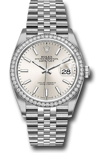 Rolex Steel Datejust 36 Watch - Diamond Bezel - Silver Index Dial - Jubilee Bracelet - 126284RBR sij