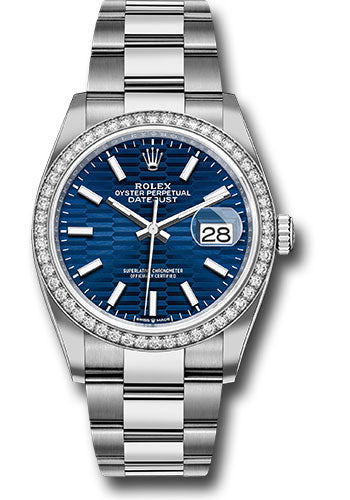 Rolex White Rolesor Datejust 36 Watch - Diamond Bezel - Bright Blue Fluted Motif Index Dial - Oyster Bracelet - 126284rbr blflmio