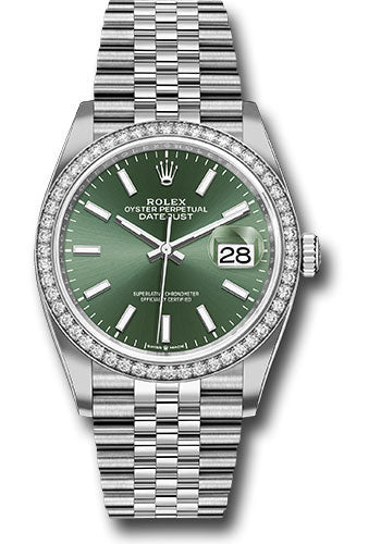 Rolex White Rolesor Datejust 36 Watch - Diamond Bezel - Mint Green Index Dial - Jubilee Bracelet - 126284rbr mgij