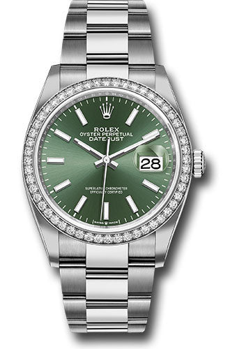 Rolex White Rolesor Datejust 36 Watch - Diamond Bezel - Mint Green Index Dial - Oyster Bracelet - 126284rbr mgio