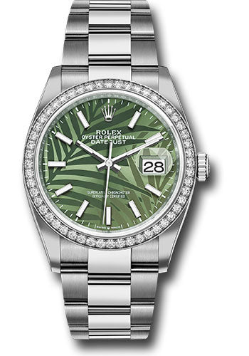 Rolex White Rolesor Datejust 36 Watch - Diamond Bezel - Olive Green Palm Motif Index 6 Dial - Oyster Bracelet - 126284rbr ogpmio