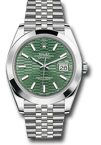 Rolex Oystersteel Datejust 41 Watch - Smooth Bezel - Mint Green Fluted Motif Index Dial - Jubilee Bracelet - 126300 mgflmij