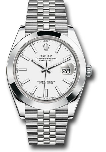 Rolex Steel Datejust 41 Watch - Smooth Bezel - White Index Dial - Jubilee Bracelet - 126300 wij