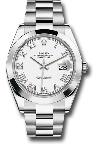 Rolex Steel Datejust 41 Watch - Smooth Bezel - White Roman Dial - Oyster Bracelet - 126300 wro