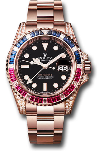 Rolex Everose GMT-Master II 40 Watch - Diamond Lugs - Diamond Sapphire Emerald Bezel - Black Dial - Oyster Bracelet - 126755SARU bk