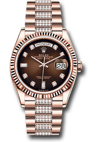 Rolex Everose Gold Day-Date 36 Watch - Fluted Bezel - Brown OmbrŽ Diamond Dial - Diamond President Bracelet - 128235 broddp