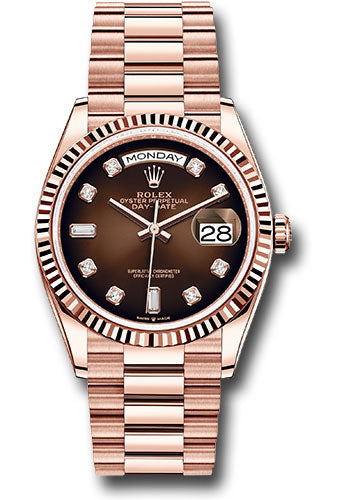 Rolex Everose Gold Day-Date 36 Watch - Fluted Bezel - Brown Ombre« Diamond Dial - President Bracelet - 128235 brodp