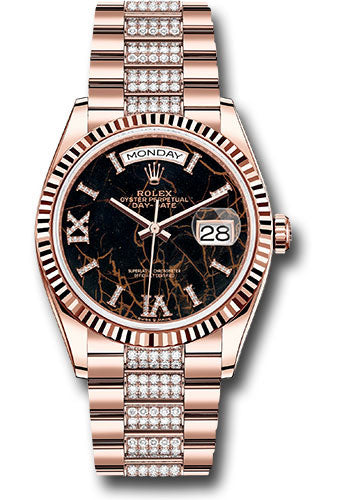 Rolex Everose Gold Day-Date 36 Watch - Fluted Bezel - Eisenkiesel Diamond Index Roman 9 Dial - Diamond President Bracelet - 128235 eididrdp