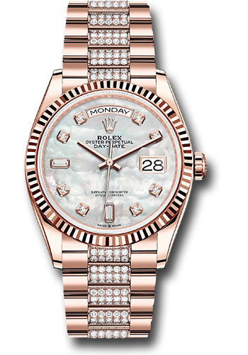 Rolex Everose Gold Day-Date 36 Watch - Fluted Bezel - White Mother-Of-Pearl Diamond Dial - Diamond President Bracelet - 128235 mddp