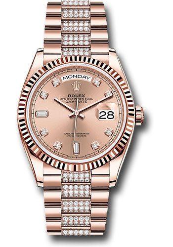 Rolex Everose Gold Day-Date 36 Watch - Fluted Bezel - RosŽ Diamond Dial - Diamond President Bracelet - 128235 rsddp
