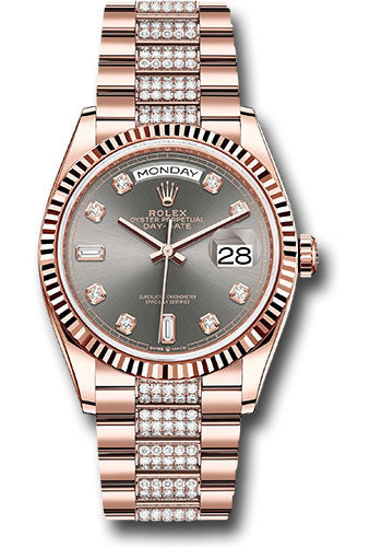 Rolex Everose Gold Day-Date 36 Watch - Fluted Bezel - Slate Diamond Dial - Diamond President Bracelet - 128235 slddp