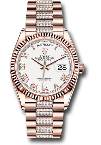 Rolex Everose Gold Day-Date 36 Watch - Fluted Bezel - White Roman Dial - Diamond President Bracelet - 128235 wrdp