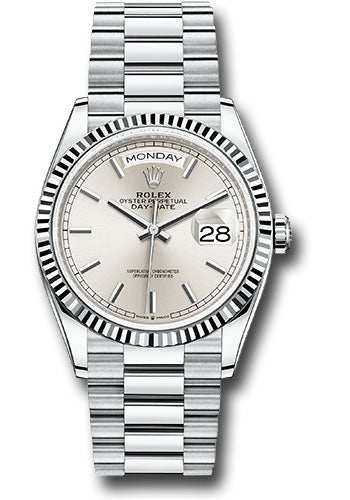 Rolex Platinum Day-Date 36 Watch - Fluted Bezel - Silver Index Dial - President Bracelet - 128236 sip