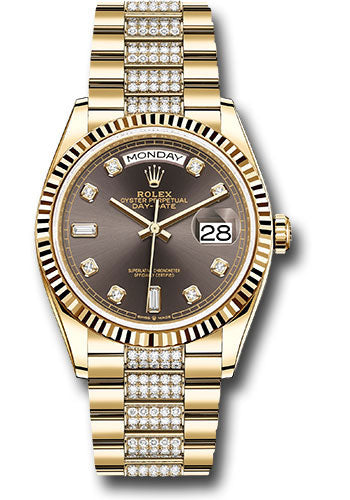 Rolex Yellow Gold Day-Date 36 Watch - Fluted Bezel - Dark Grey Diamond Dial - Diamond President Bracelet - 128238 dkgrddp