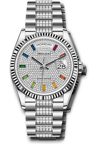 Rolex White Gold Day-Date 36 Watch - Fluted Bezel - Diamond-Paved Dial - Diamond President Bracelet - 128239 dprsdp