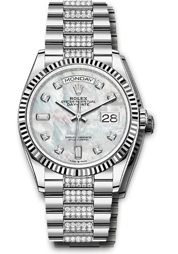 Rolex White Gold Day-Date 36 Watch - Fluted Bezel - White Mother-Of-Pearl Diamond Dial - Diamond President Bracelet - 128239 mddp