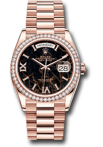 Rolex Everose Gold Day-Date 36 Watch - Diamond Bezel - Eisenkiesel Diamond Index Roman 9 Dial - President Bracelet - 128345rbr eididrp