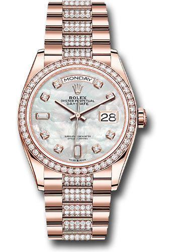 Rolex Everose Gold Day-Date 36 Watch - Diamond Bezel - White Mother-Of-Pearl Diamond Dial - Diamond President Bracelet - 128345rbr mddp