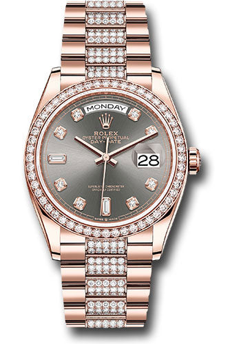 Rolex Everose Gold Day-Date 36 Watch - Diamond Bezel - Slate Diamond Dial - Diamond President Bracelet - 128345rbr slddp