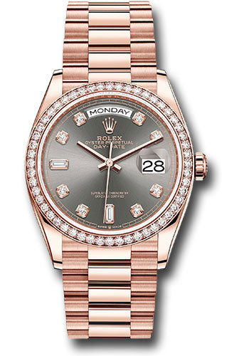 Rolex Everose Gold Day-Date 36 Watch - Diamond Bezel - Slate Diamond Dial - President Bracelet - 128345rbr sldp