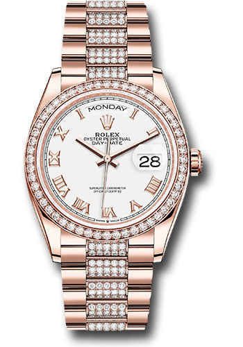 Rolex Everose Gold Day-Date 36 Watch - Diamond Bezel - White Roman Dial - Diamond President Bracelet - 128345rbr wrdp