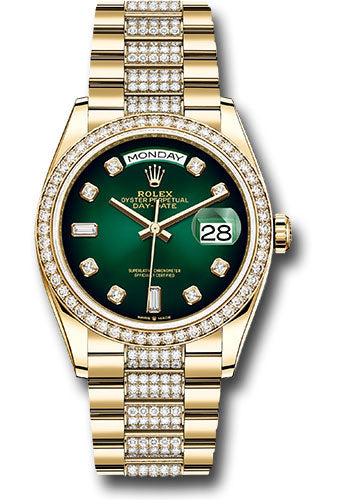 Rolex Yellow Gold Day-Date 36 Watch - Diamond Bezel - Green OmbrŽ Diamond Dial - Diamond President Bracelet - 128348rbr groddp