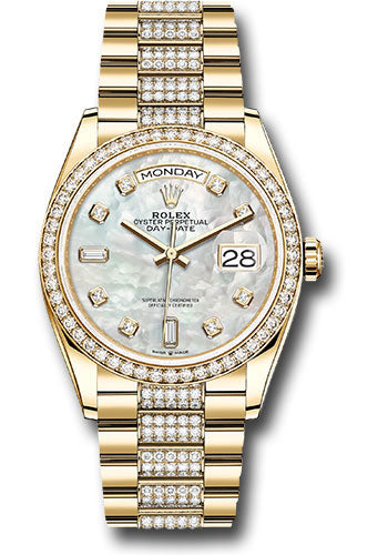 Rolex Yellow Gold Day-Date 36 Watch - Diamond Bezel - White Mother-Of-Pearl Diamond Dial - Diamond President Bracelet - 128348rbr mddp