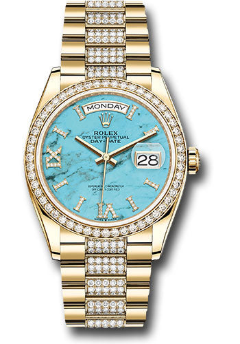 Rolex Yellow Gold Day-Date 36 Watch - Diamond Bezel - Turquoise Diamond Index Roman 9 Dial - Diamond President Bracelet - 128348rbr tdidrdp