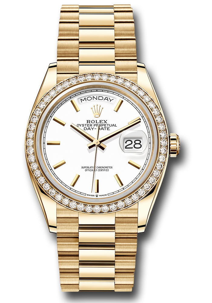 Rolex Yellow Gold Day-Date 36 Watch - Diamond Bezel - White Index Dial - Diamond President Bracelet - 128348rbr wip