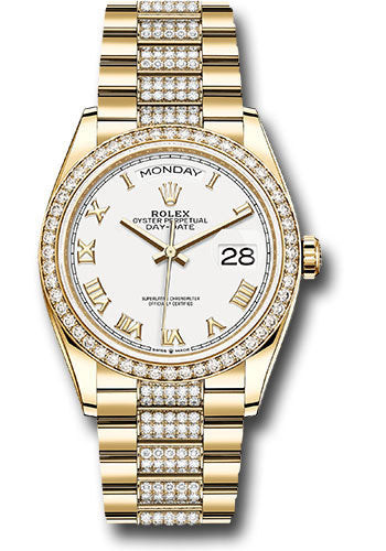 Rolex Yellow Gold Day-Date 36 Watch - Diamond Bezel - White Roman Dial - Diamond President Bracelet - 128348rbr wrdp