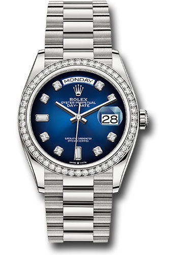Rolex White Gold Day-Date 36 Watch - Diamond Bezel - Blue Ombre« Diamond Dial - President Bracelet - 128349RBR blodp
