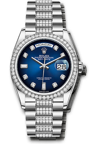 Rolex White Gold Day-Date 36 Watch - Diamond Bezel - Blue OmbrŽ Diamond Dial - Diamond President Bracelet - 128349rbr bloddp