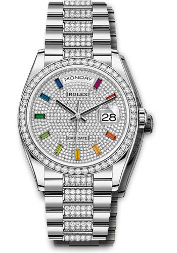 Rolex White Gold Day-Date 36 Watch - Diamond Bezel - Diamond-Paved Dial - Diamond President Bracelet - 128349rbr dprsdp