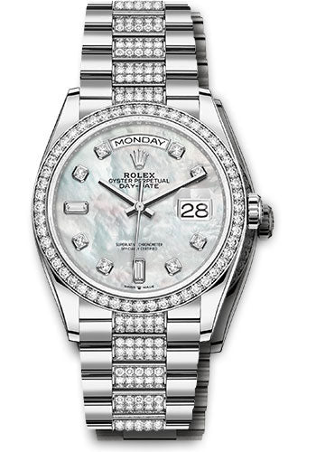 Rolex White Gold Day-Date 36 Watch - Diamond Bezel - White Mother-Of-Pearl Diamond Dial - Diamond President Bracelet - 128349rbr mddp