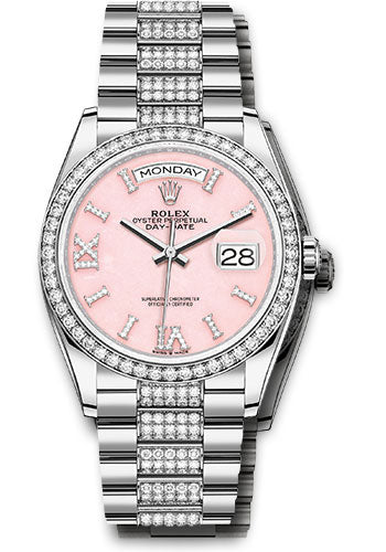Rolex White Gold Day-Date 36 Watch - Diamond Bezel - Pink Opal Diamond Index Roman 9 Dial - Diamond President Bracelet - 128349rbr podidrdp
