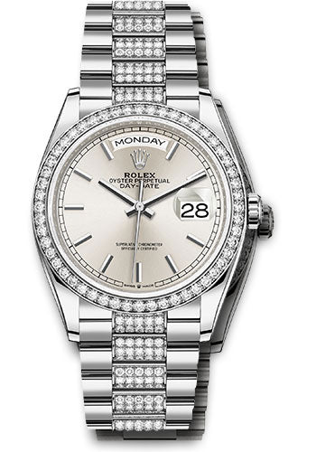 Rolex White Gold Day-Date 36 Watch - Diamond Bezel - Silver Index Dial - Diamond President Bracelet - 128349rbr sidp
