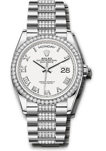 Rolex White Gold Day-Date 36 Watch - Diamond Bezel - White Roman Dial - Diamond President Bracelet - 128349rbr wrdp