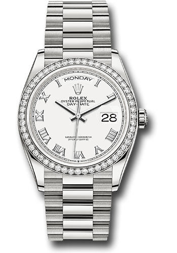 Rolex White Gold Day-Date 36 Watch - Diamond Bezel - White Roman Dial - President Bracelet - 128349rbr wrp