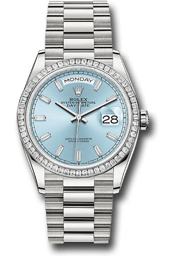Rolex Platinum Day-Date 36 Watch - Diamond Bezel - Ice Blue Dial - President Bracelet - 128396tbr ibbdp