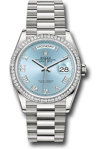Rolex Platinum Day-Date 36 Watch - Diamond Bezel - Ice Blue Roman Dial - President Bracelet - 128396tbr ibrp