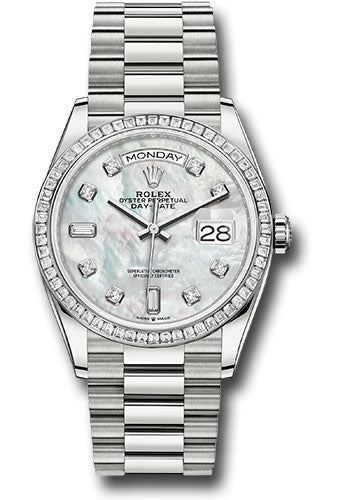 Rolex Platinum Day-Date 36 Watch - Diamond Bezel - White Mother-Of-Pearl Diamond Dial - President Bracelet - 128396tbr mdp